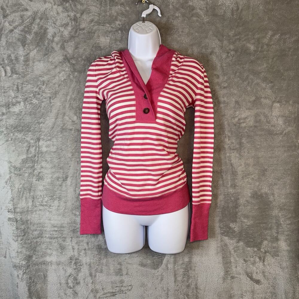 American Eagle Y2K Hooded Waffle Knit Thermal Shirt Pink Striped Small Preppy